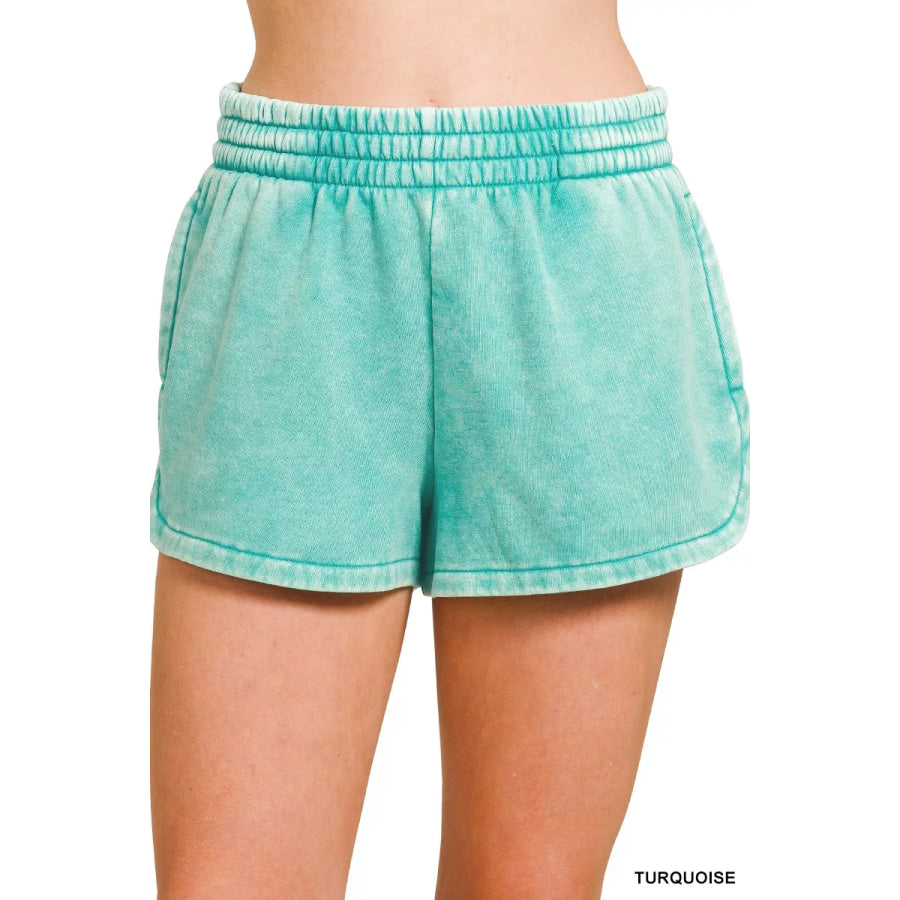Zenana Acid Washed Elastic Waistband Dolphin Shorts TURQUOISE / S Apparel and Accessories