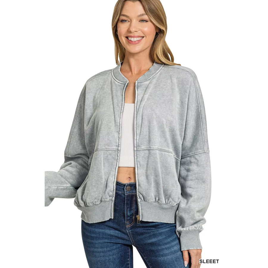 Zenana Acid Washed Fleece Jacket SLEET / S Apparel and Accessories