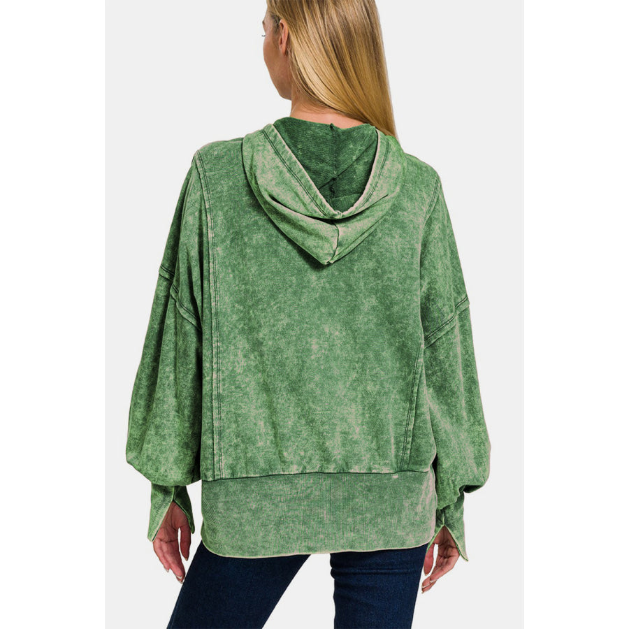 Zenana Acid Washed French Terry Zip-Up Hoodie with Pockets Dk Green / S/M Apparel and Accessories