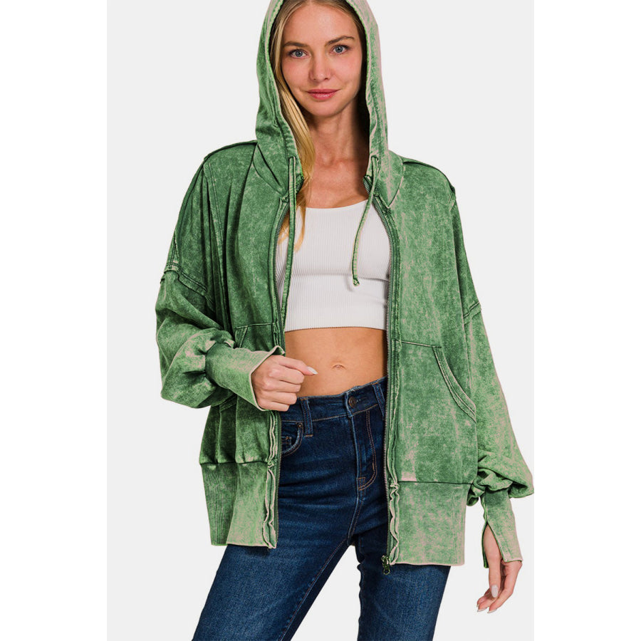 Zenana Acid Washed French Terry Zip-Up Hoodie with Pockets Apparel and Accessories