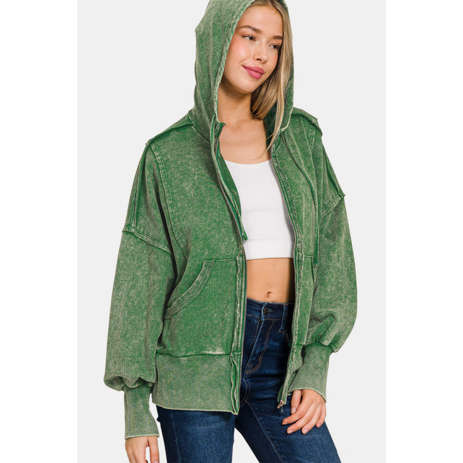 Zenana Acid Washed French Terry Zip-Up Hoodie with Pockets Dk Green / S/M Apparel and Accessories