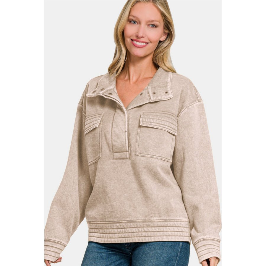 Zenana Acid Washed Half Snap Fleece Sweatshirt Apparel and Accessories