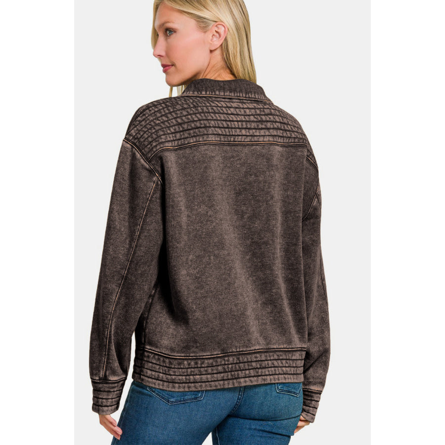 Zenana Acid Washed Half Snap Fleece Sweatshirt Apparel and Accessories