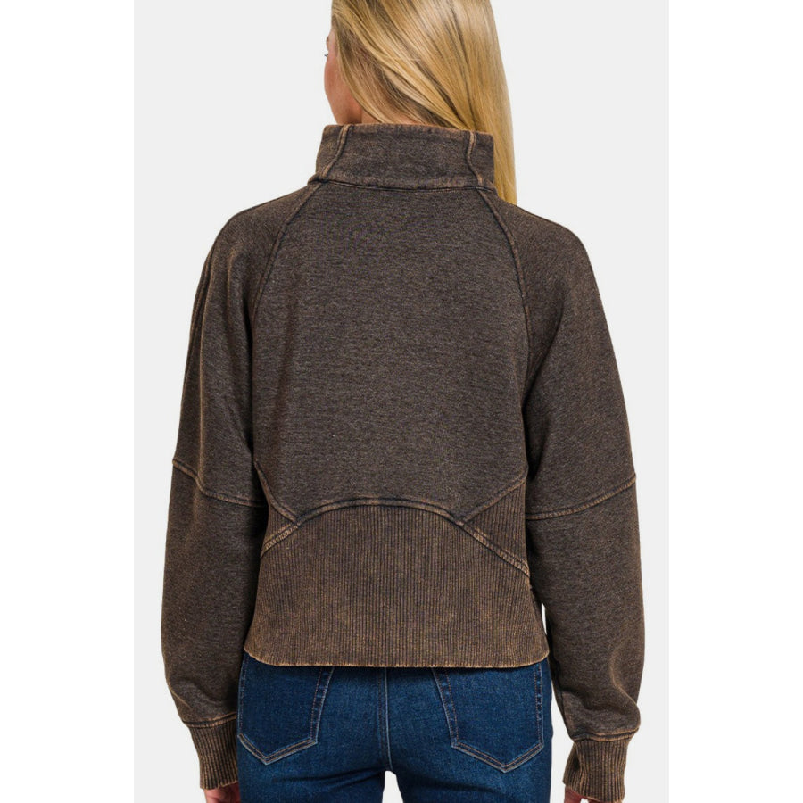 Zenana Acid Washed Half Zip Fleece Sweatshirt Apparel and Accessories