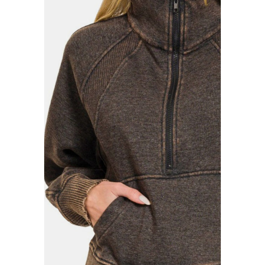 Zenana Acid Washed Half Zip Fleece Sweatshirt Apparel and Accessories