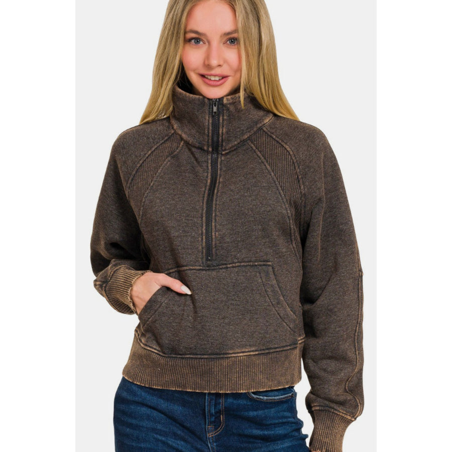 Zenana Acid Washed Half Zip Fleece Sweatshirt Ash Black / S Apparel and Accessories