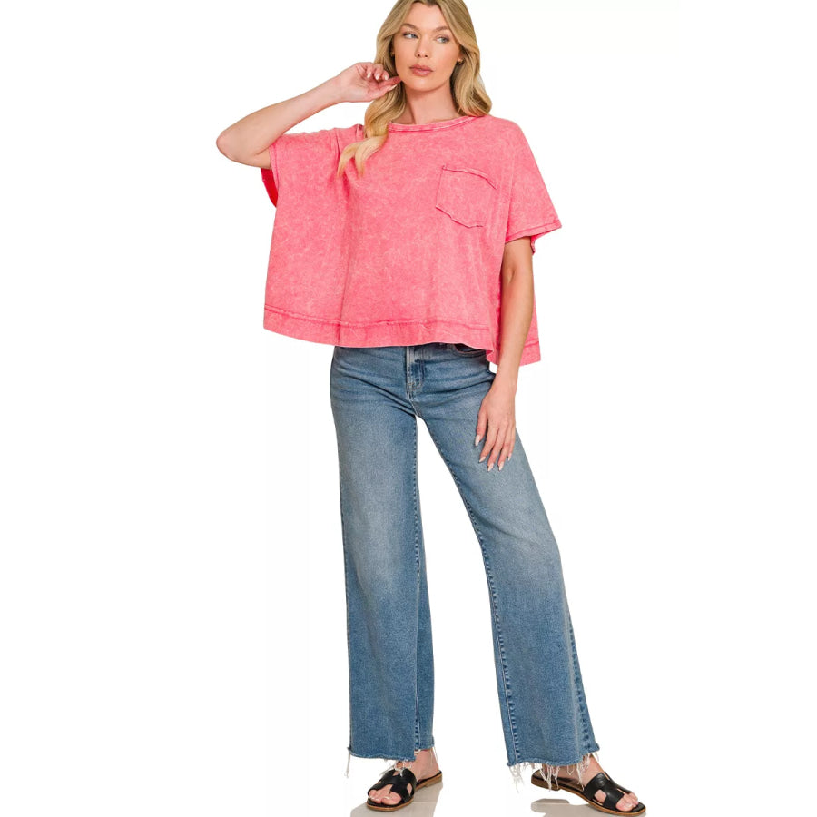 Zenana Acid Washed Round Neck Short Sleeve Oversized T-Shirt Apparel and Accessories
