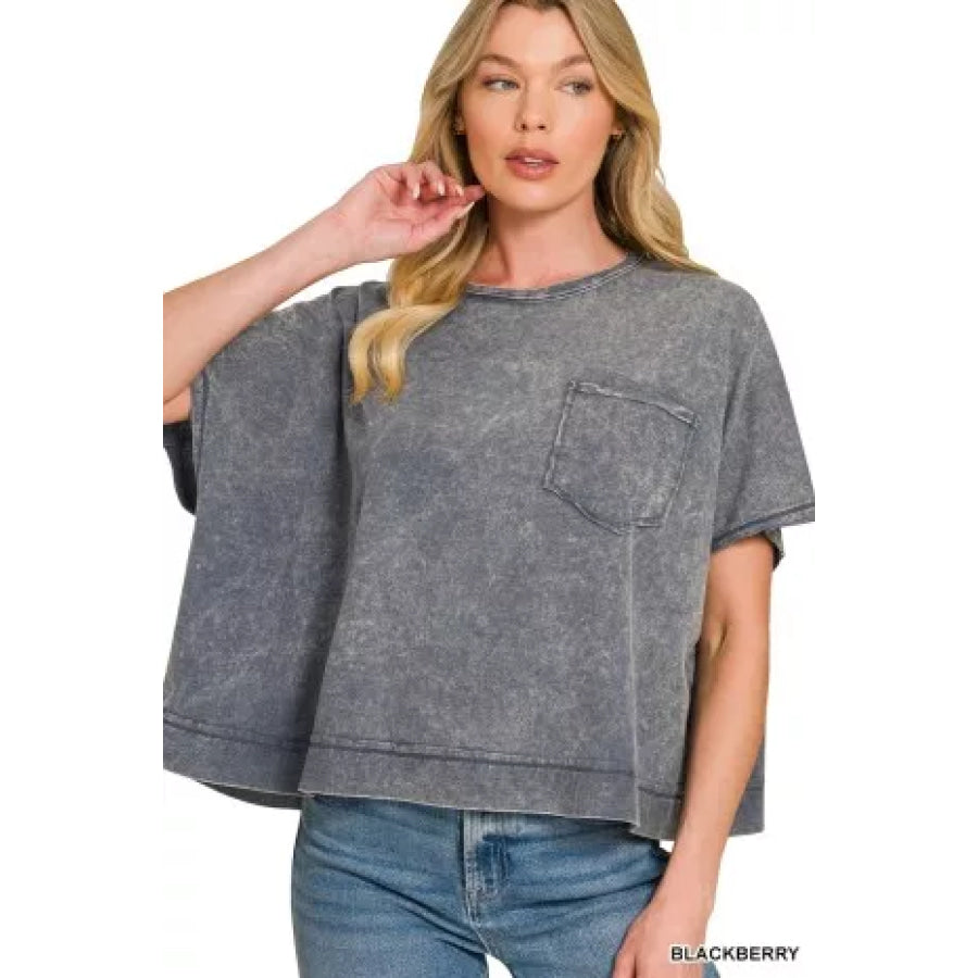 Zenana Acid Washed Round Neck Short Sleeve Oversized T-Shirt BLACKBERRY / S Apparel and Accessories