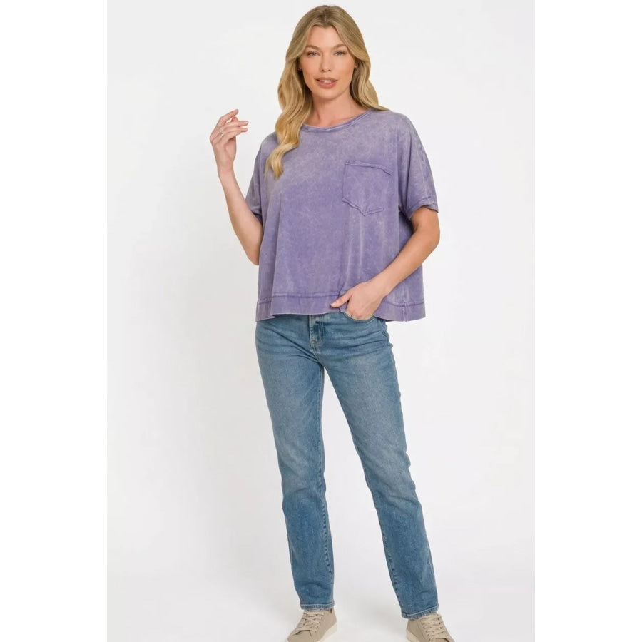 Zenana Acid Washed Round Neck Short Sleeve Oversized T-Shirt MARLIN / S Apparel and Accessories