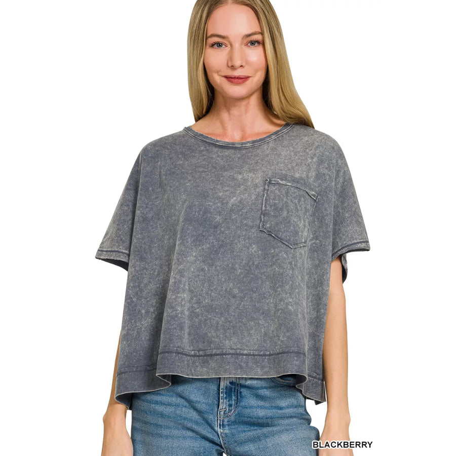 Zenana Acid Washed Round Neck Short Sleeve Oversized T-Shirt BLACKBERRY / S Apparel and Accessories