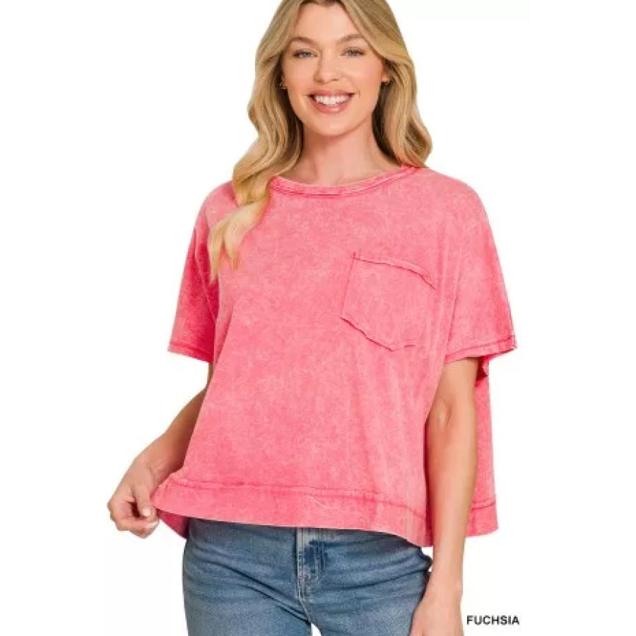 Zenana Acid Washed Round Neck Short Sleeve Oversized T-Shirt FUCHSIA / S Apparel and Accessories