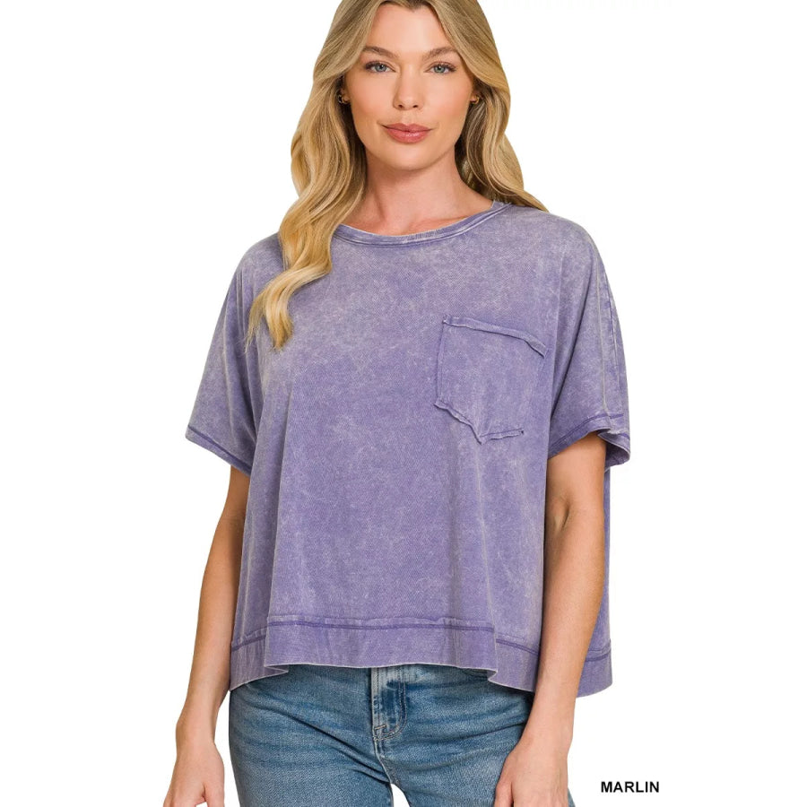 Zenana Acid Washed Round Neck Short Sleeve Oversized T-Shirt MARLIN / S Apparel and Accessories