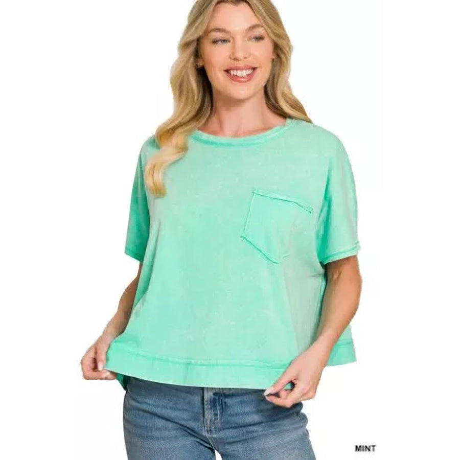 Zenana Acid Washed Round Neck Short Sleeve Oversized T-Shirt MINT / S Apparel and Accessories