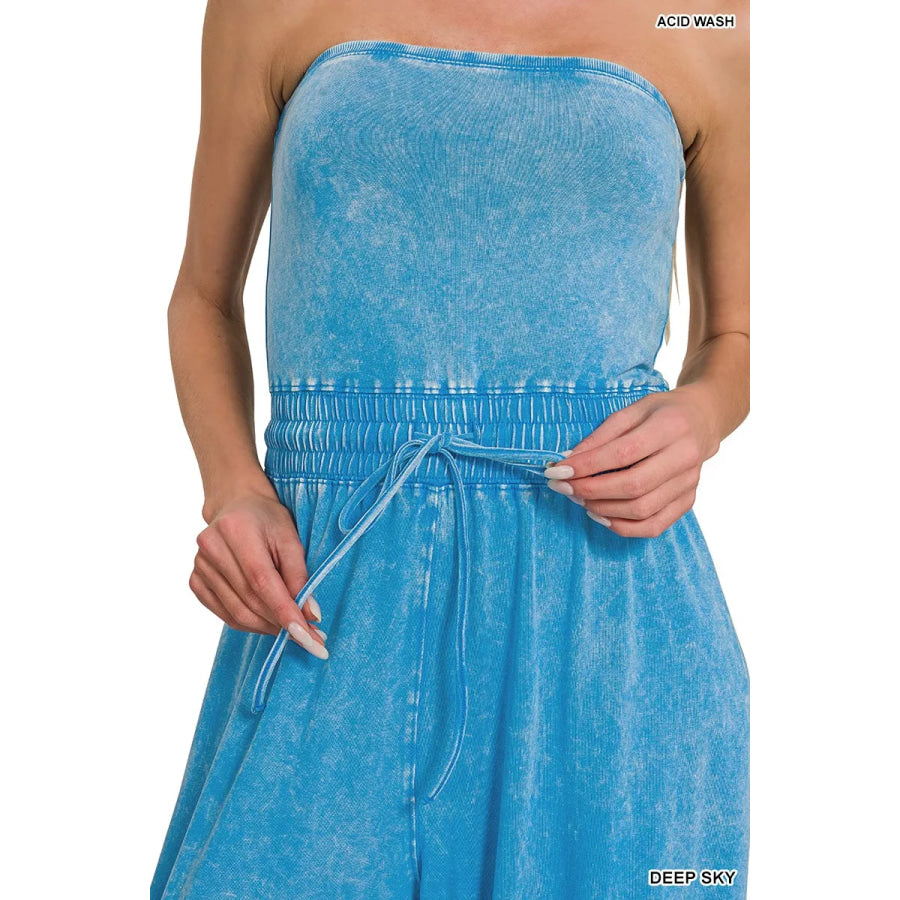 Zenana Acid Washed Strapless Tube Top Jumpsuit Apparel and Accessories