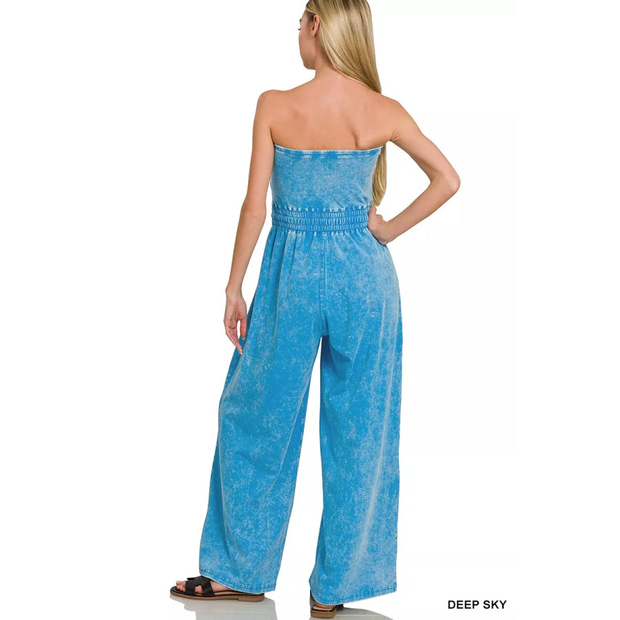 Zenana Acid Washed Strapless Tube Top Jumpsuit Apparel and Accessories