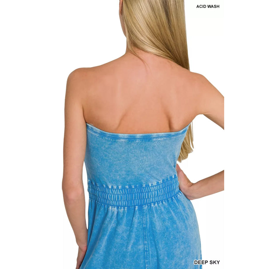 Zenana Acid Washed Strapless Tube Top Jumpsuit Apparel and Accessories
