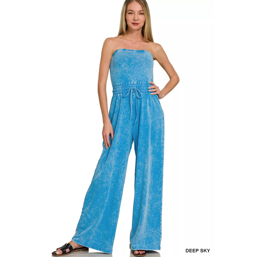 Zenana Acid Washed Strapless Tube Top Jumpsuit DEEP SKY / S Apparel and Accessories