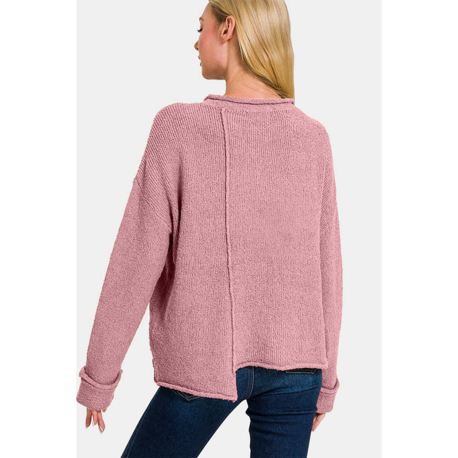 Zenana Asymmetric Hem Drop Shoulder Sweater Apparel and Accessories