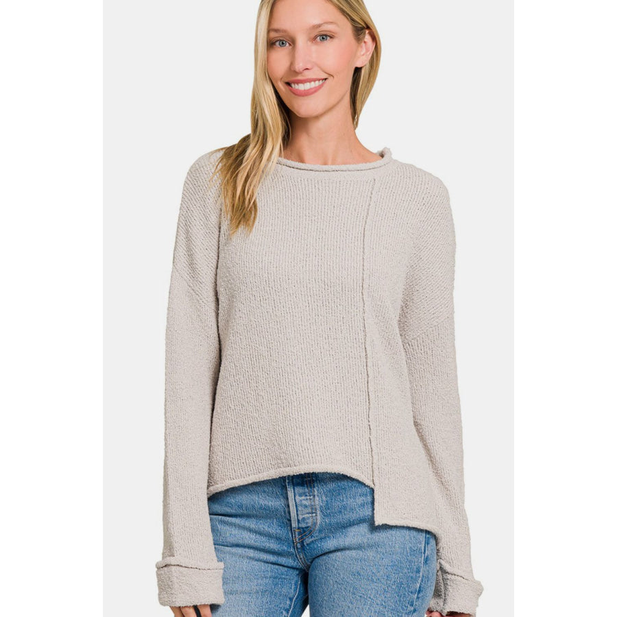 Zenana Asymmetric Hem Drop Shoulder Sweater Bone / S Apparel and Accessories