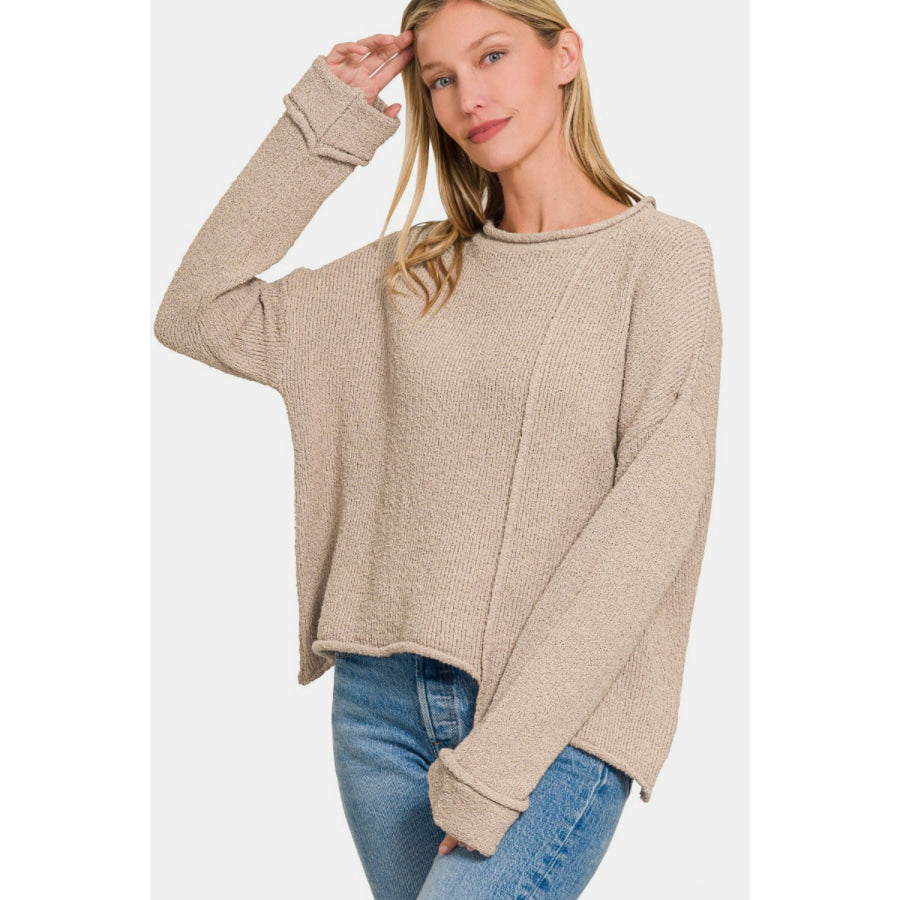 Zenana Asymmetric Hem Drop Shoulder Sweater Apparel and Accessories