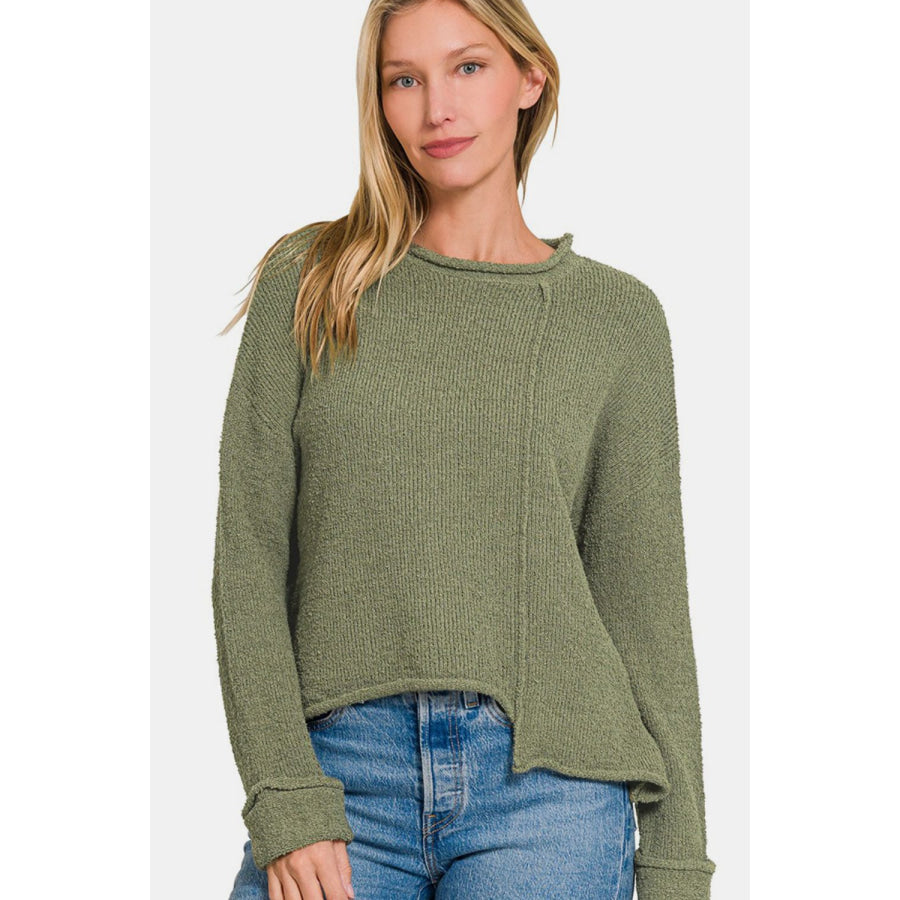 Zenana Asymmetric Hem Drop Shoulder Sweater Apparel and Accessories