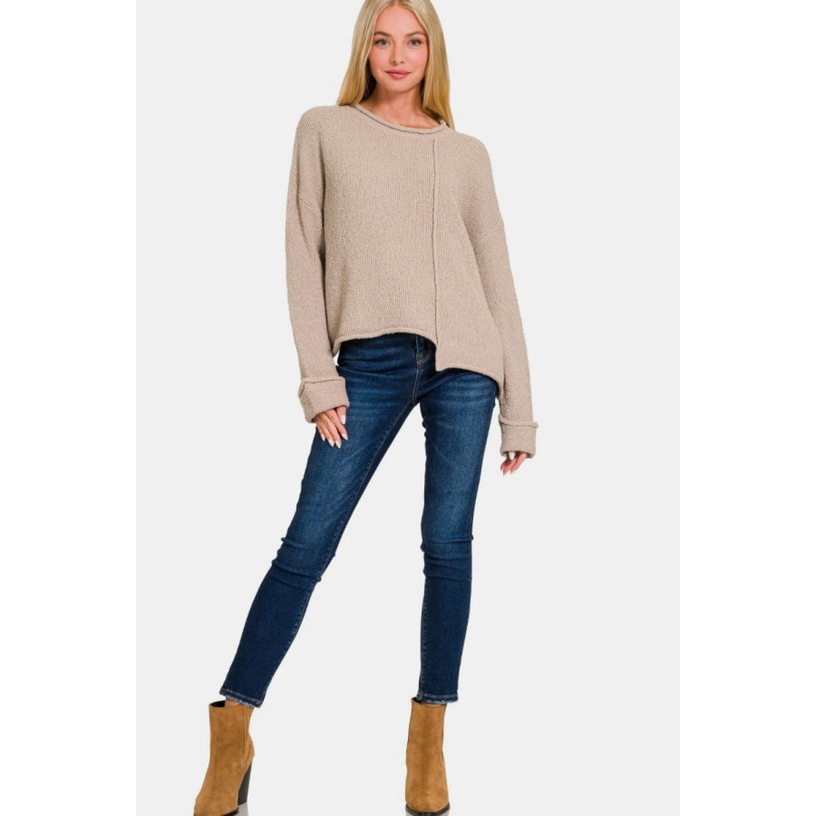 Zenana Asymmetric Hem Drop Shoulder Sweater Apparel and Accessories