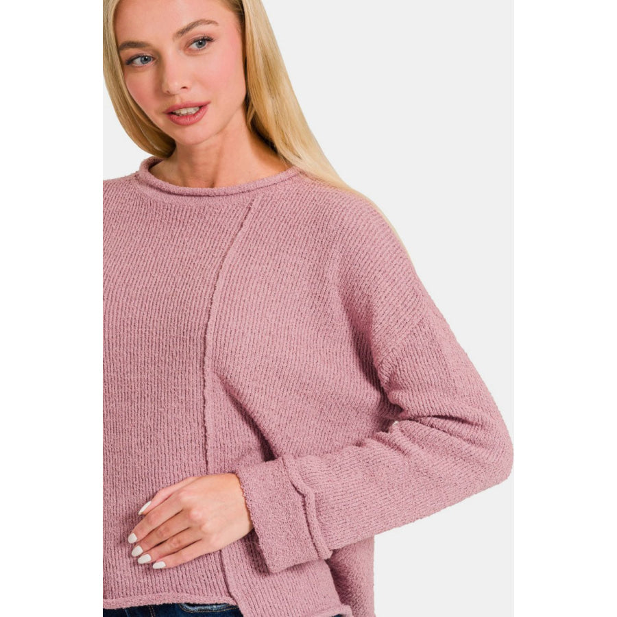 Zenana Asymmetric Hem Drop Shoulder Sweater Apparel and Accessories