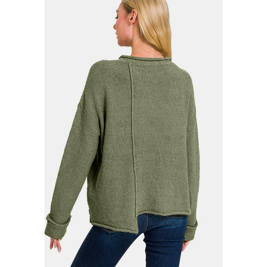 Zenana Asymmetric Hem Drop Shoulder Sweater Lt Olive / S Apparel and Accessories