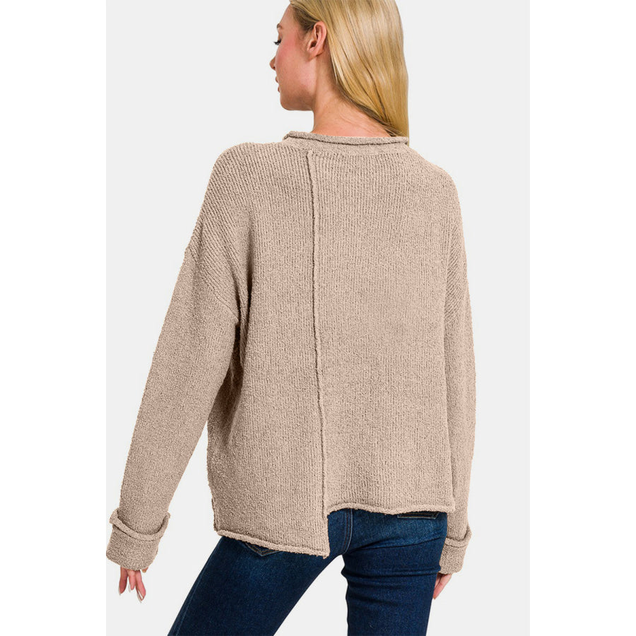 Zenana Asymmetric Hem Drop Shoulder Sweater Ash Mocha / S Apparel and Accessories