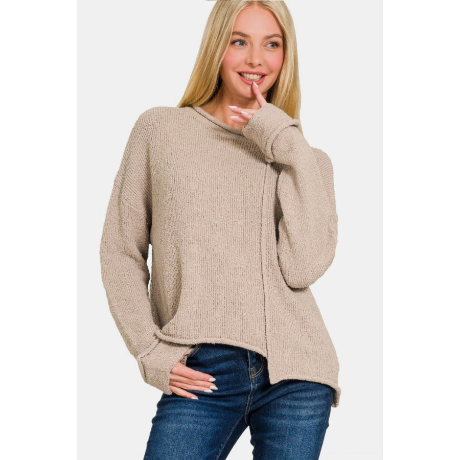 Zenana Asymmetric Hem Drop Shoulder Sweater Ash Mocha / S Apparel and Accessories