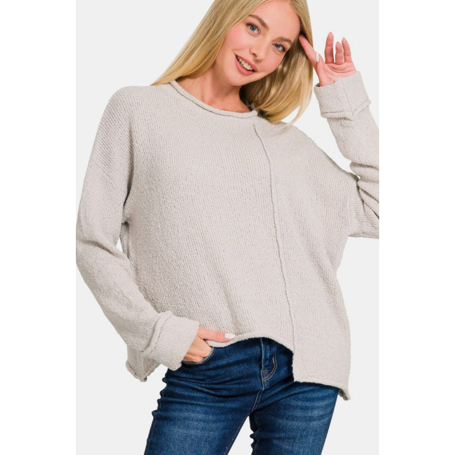 Zenana Asymmetric Hem Drop Shoulder Sweater Bone / S Apparel and Accessories