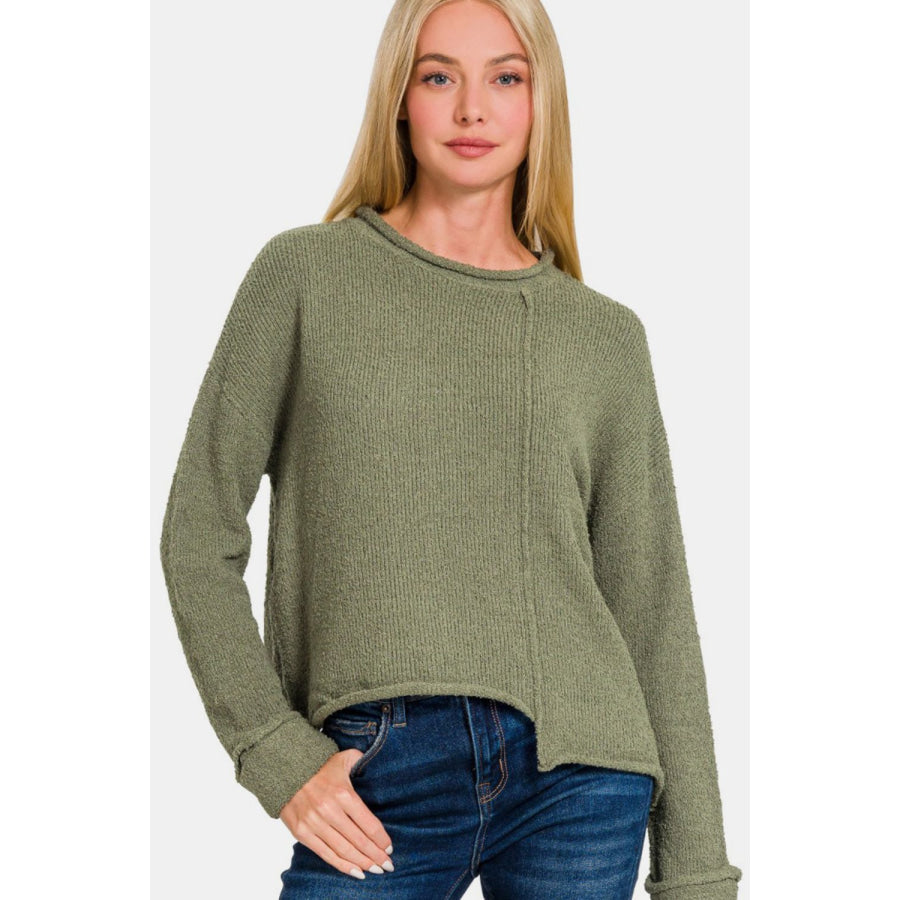 Zenana Asymmetric Hem Drop Shoulder Sweater Lt Olive / S Apparel and Accessories