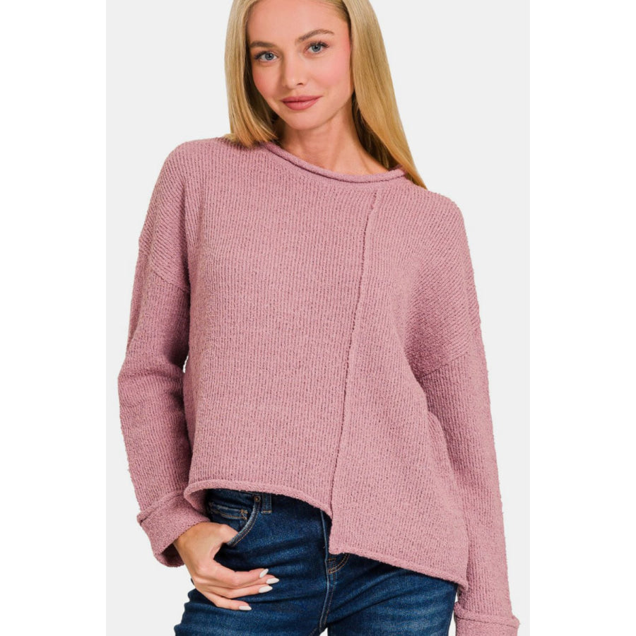 Zenana Asymmetric Hem Drop Shoulder Sweater Lt Rose / S Apparel and Accessories