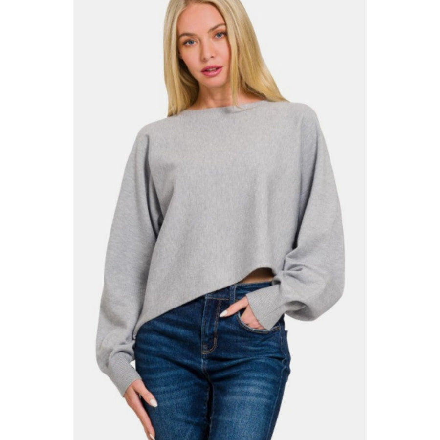 Zenana Asymmetric Hem Long Sleeve Sweater Apparel and Accessories