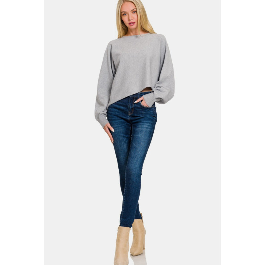 Zenana Asymmetric Hem Long Sleeve Sweater Apparel and Accessories