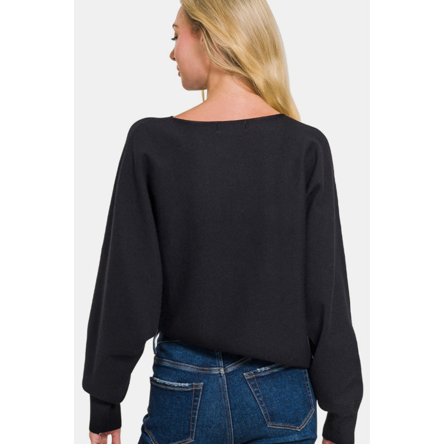 Zenana Asymmetric Hem Long Sleeve Sweater Apparel and Accessories