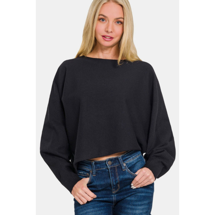 Zenana Asymmetric Hem Long Sleeve Sweater Black / S Apparel and Accessories