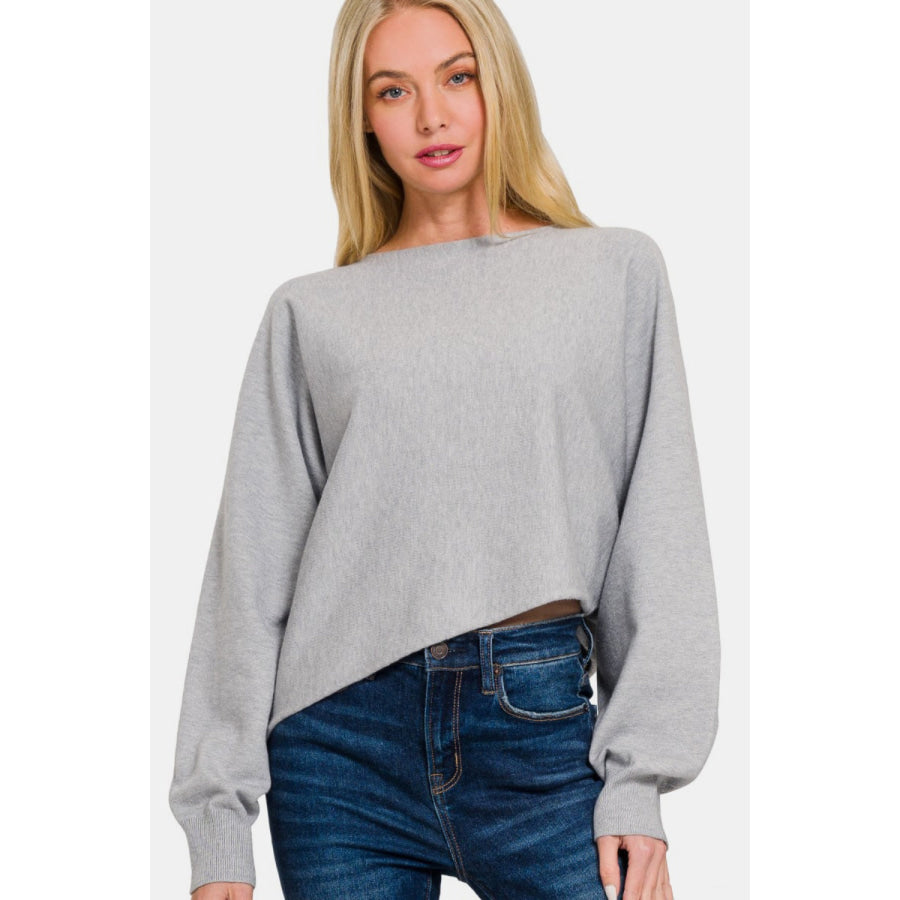 Zenana Asymmetric Hem Long Sleeve Sweater H Grey / S Apparel and Accessories