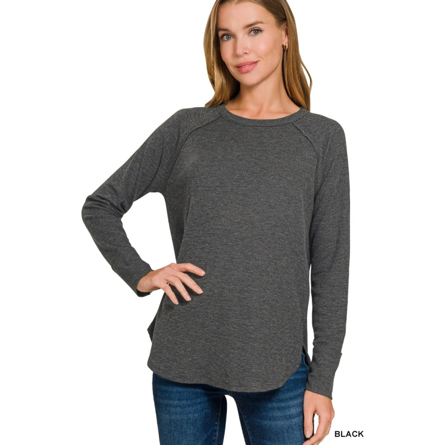 Zenana Baby Waffle Long Sleeve Top BLACK / S Apparel and Accessories