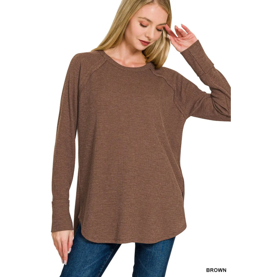 Zenana Baby Waffle Long Sleeve Top BROWN / S Apparel and Accessories