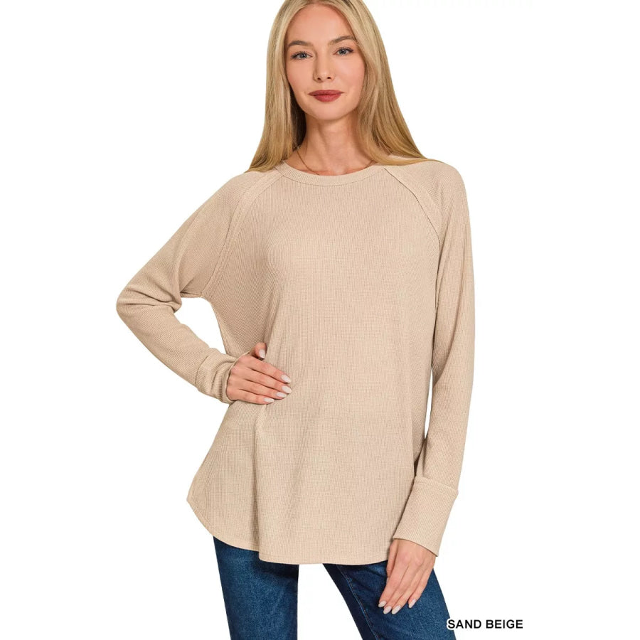 Zenana Baby Waffle Long Sleeve Top SAND BEIGE / S Apparel and Accessories