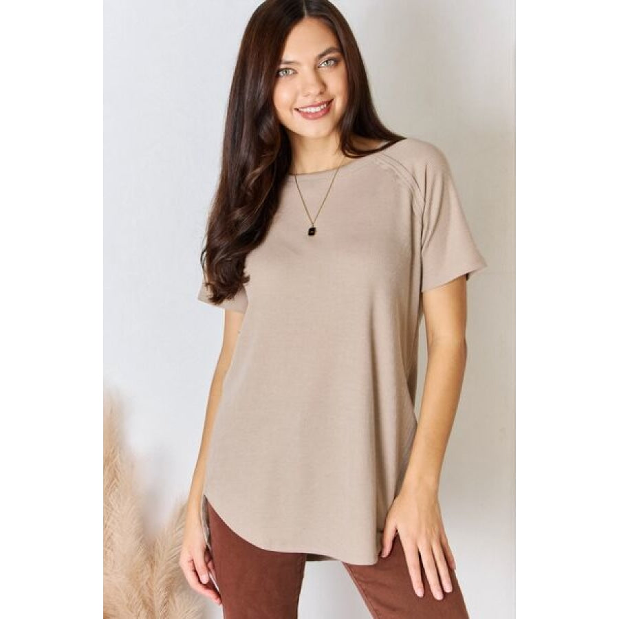 Zenana Baby Waffle Short Sleeve Slit High-Low T-Shirt Light Mocha / S Apparel and Accessories