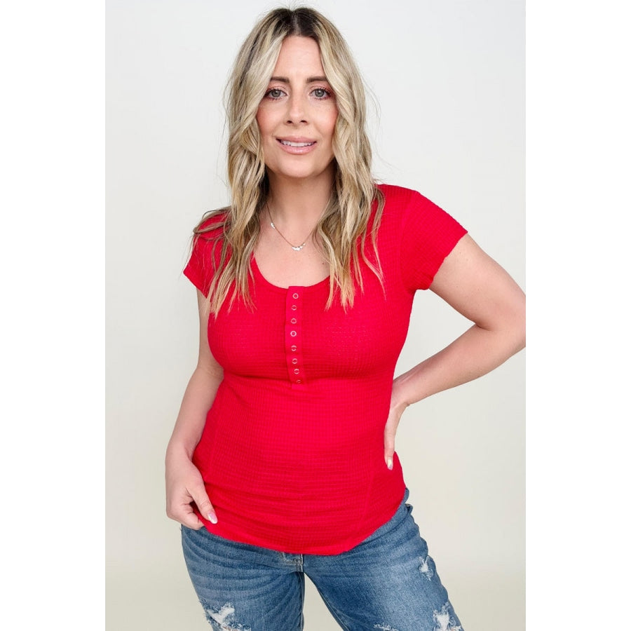 Zenana Baby Waffle Snap Button Cap Sleeve Top Ruby / S T-shirts