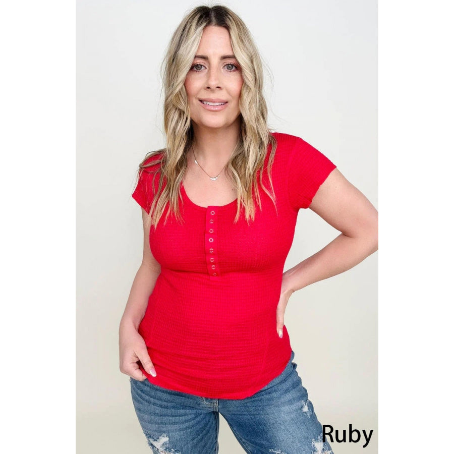 Zenana Baby Waffle Snap Button Cap Sleeve Top Ruby / S T-shirts