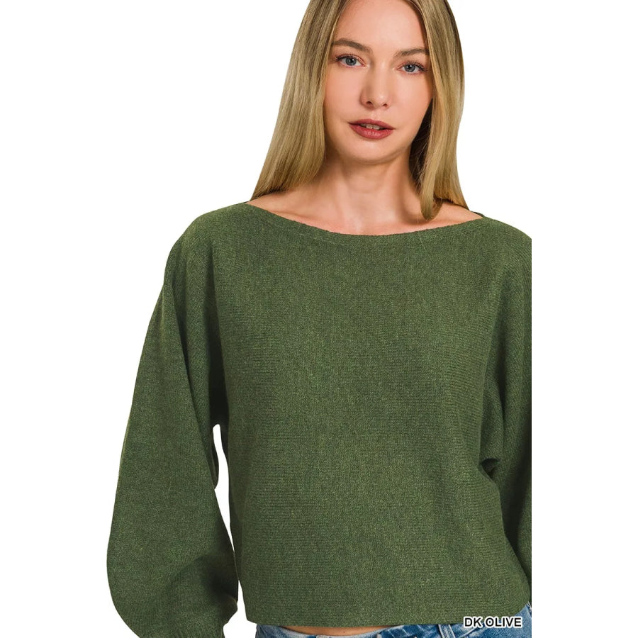 Zenana Boat Neck Balloon Sleeve Sweater Apparel and Accessories