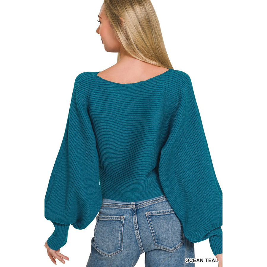 Zenana Boat Neck Balloon Sleeve Sweater Apparel and Accessories