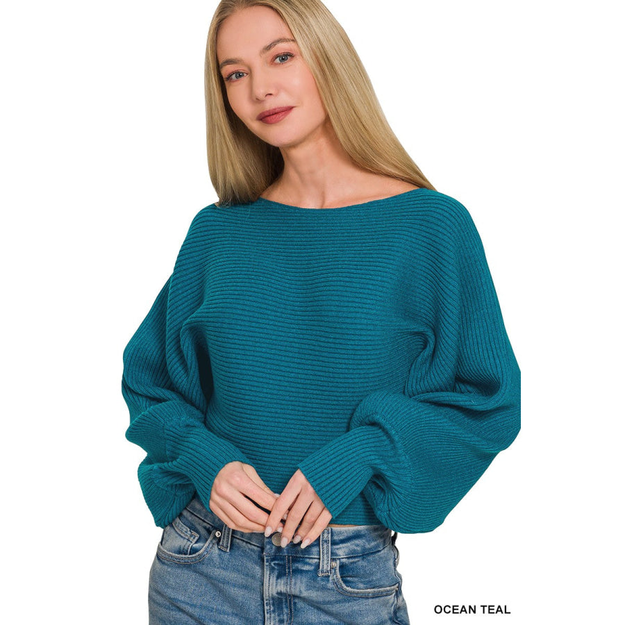 Zenana Boat Neck Balloon Sleeve Sweater OCEAN TEAL / S Apparel and Accessories