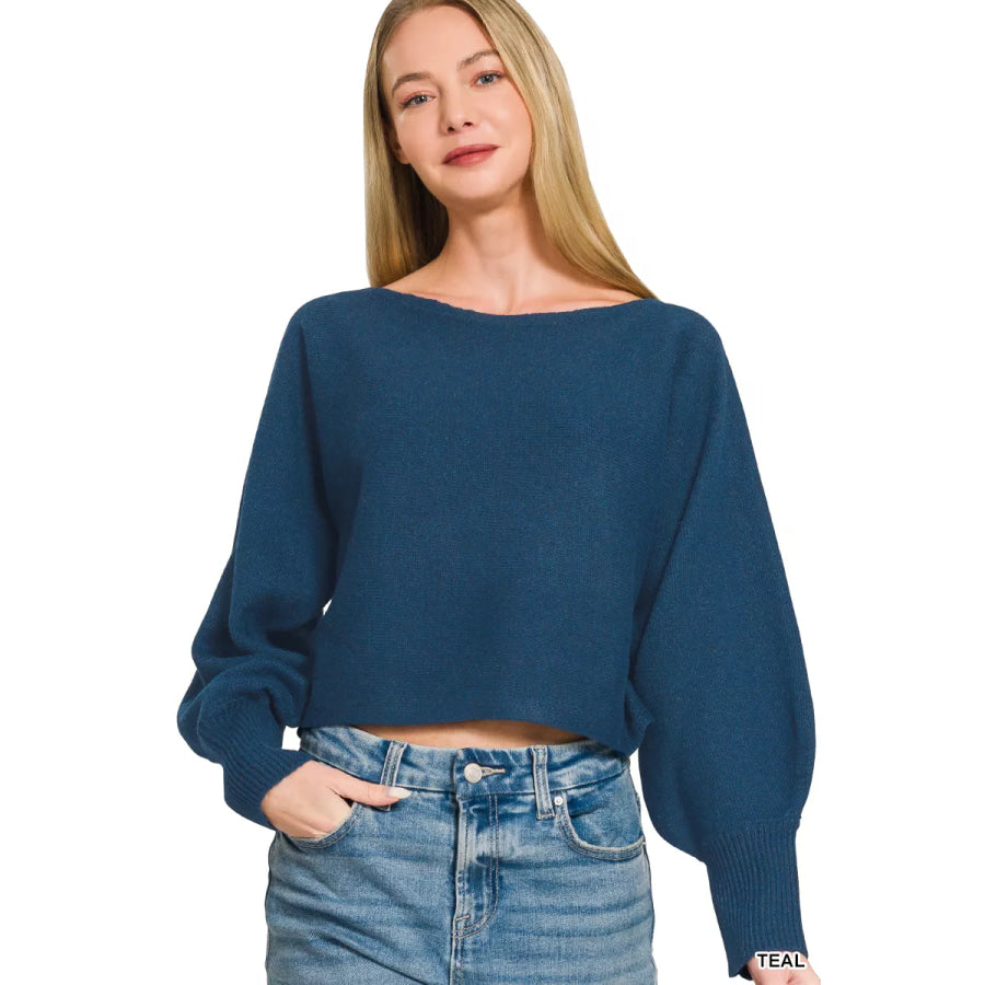 Zenana Boat Neck Balloon Sleeve Sweater Apparel and Accessories