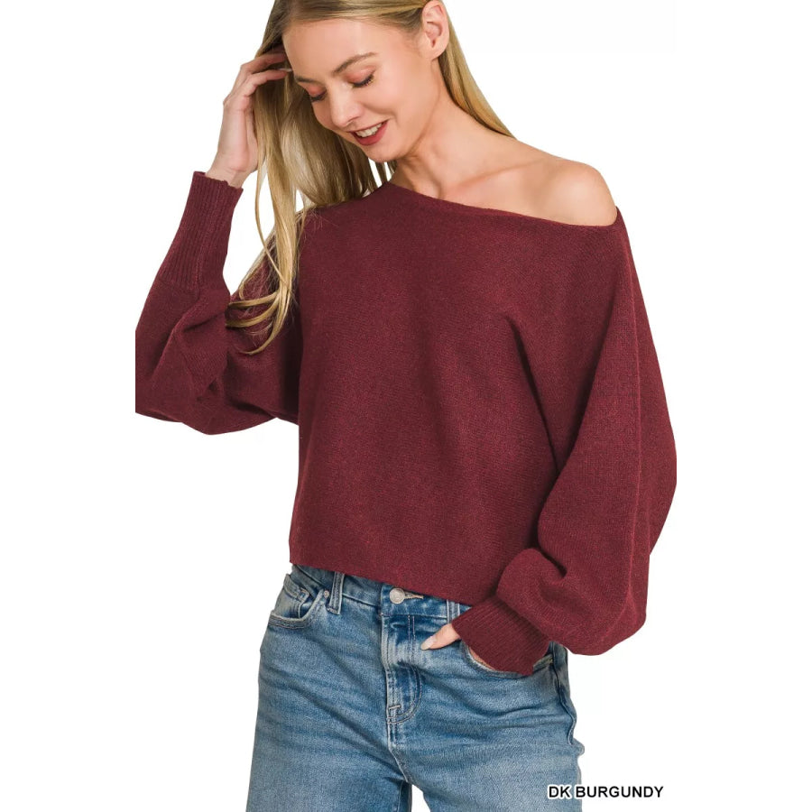 Zenana Boat Neck Balloon Sleeve Sweater DK BURGUNDY / S Apparel and Accessories