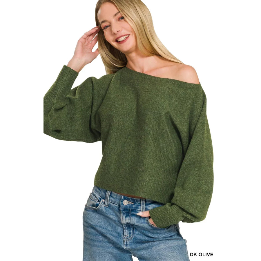 Zenana Boat Neck Balloon Sleeve Sweater DK OLIVE / S Apparel and Accessories